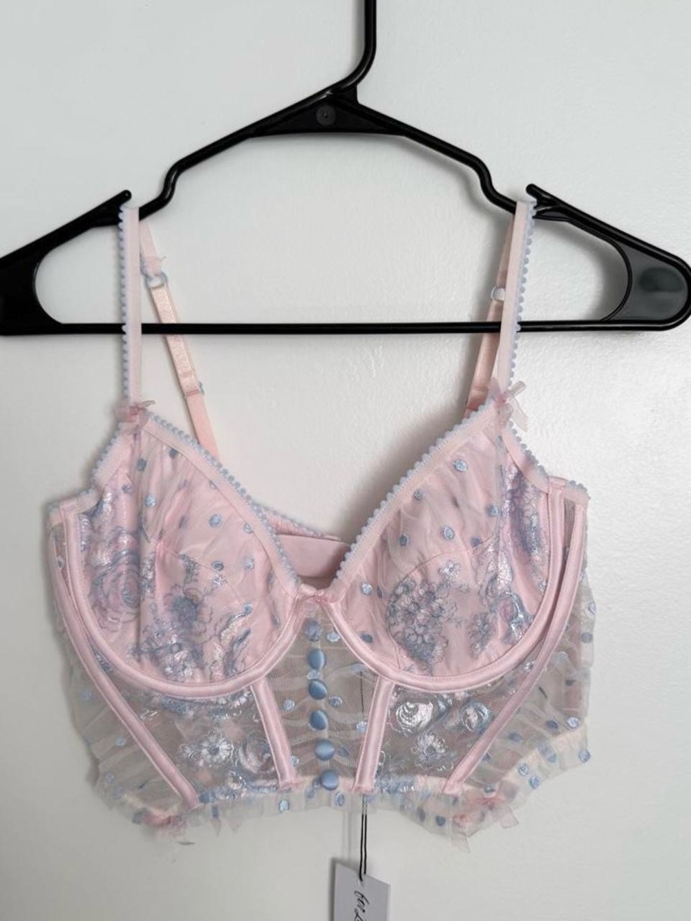 For Love And Lemons Pink and Blue Embroidered Longline Corset Top